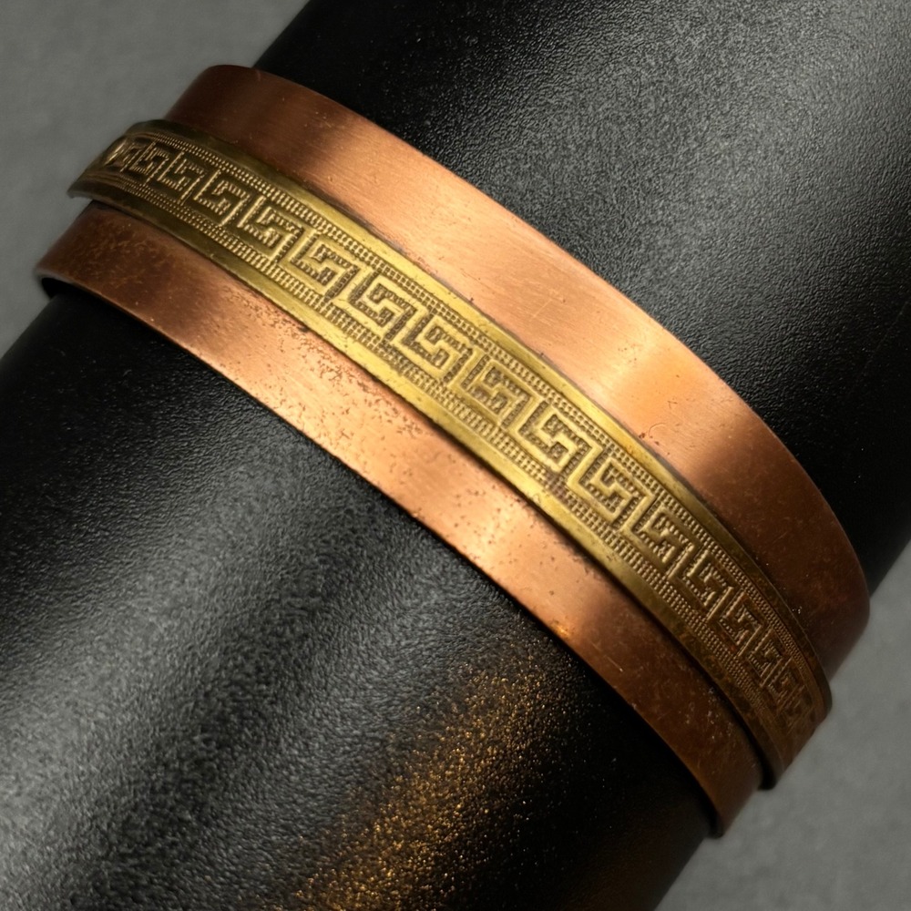 Vintage Copper Cuff Bracelet Greek Key Brass Overlay Size 7.25 READ